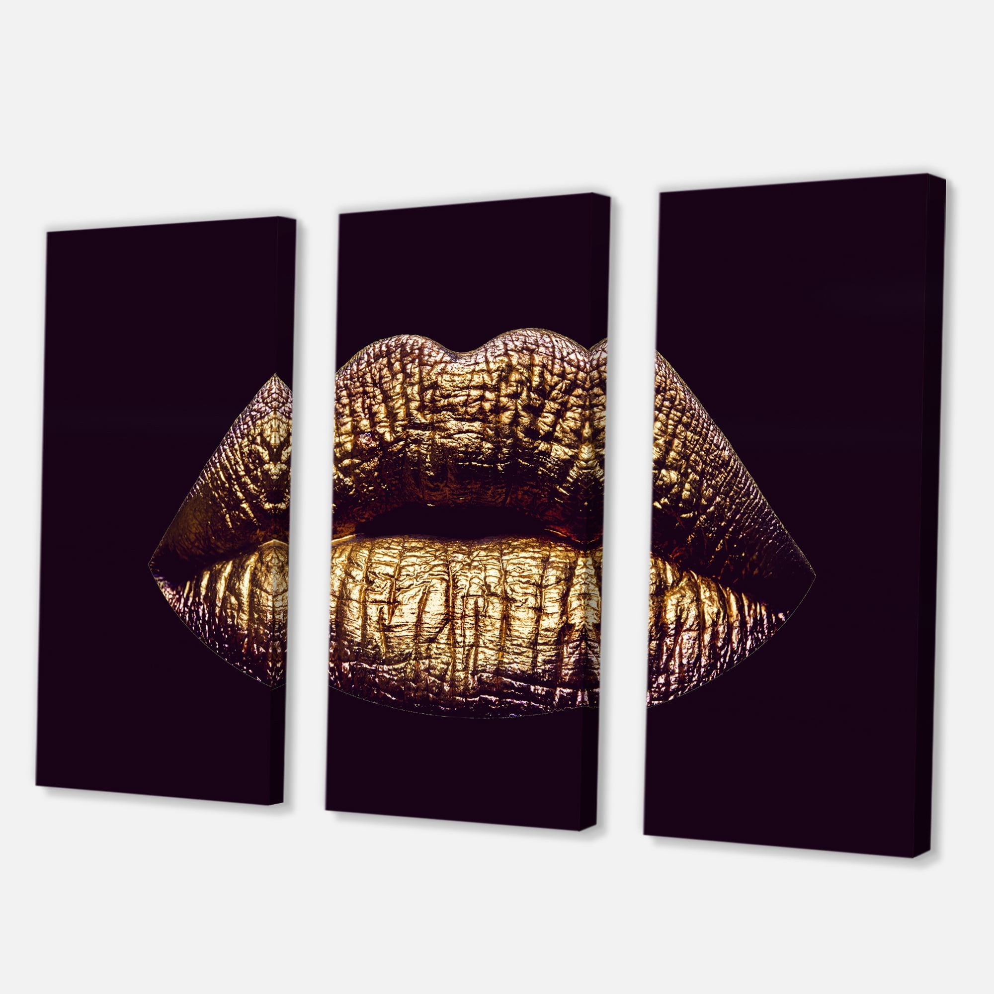 Designart ' Sexy Golden Metallized Woman Lips II ' Modern Canvas Wall Art Print