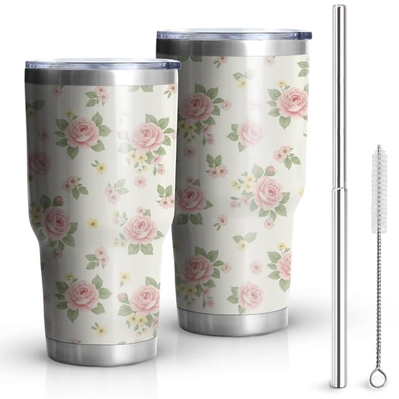 30oz Pioneer Flower Floral Print Pattern Tumbler, Double Wall Vacuum Insulated Cup, BPA-Free Leak Proof Lid & Reusable Straws, Hot 12h, Cold 34h