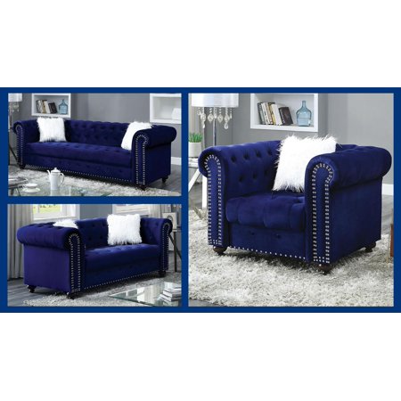 Glam Blue Velvet-Like Fabric Living Room Set 3pcs Furniture of America