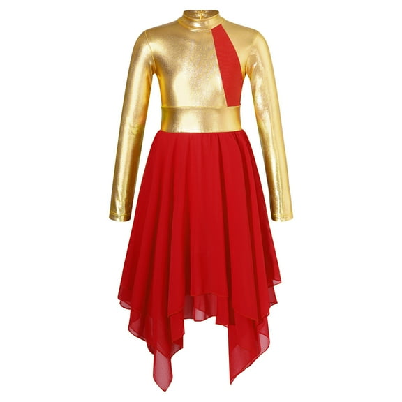 Alvivi Kids Girls Shiny Metallic Praise Asymmetrical Tunic Dress Lyrical Contemporary Dance Costume Red 10