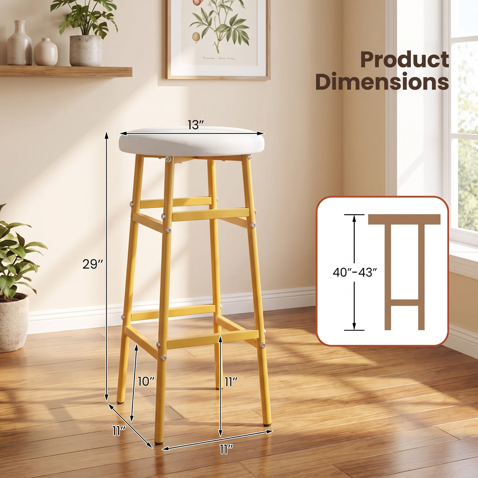 Furnibear Backless Bar Stools Set of 2 Linen Padded Metal Frame with Footrest