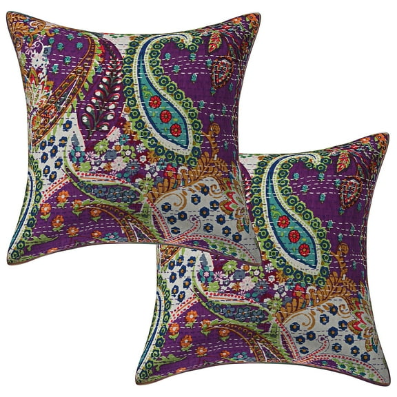 Stylo Culture Ethnic Settee Sofa Throw Pillow Covers 16x16 Floral Kantha Purple Printed 40cm x 40cm Home Decor Cotton Paisley Square Cushion Covers | Set Of 2