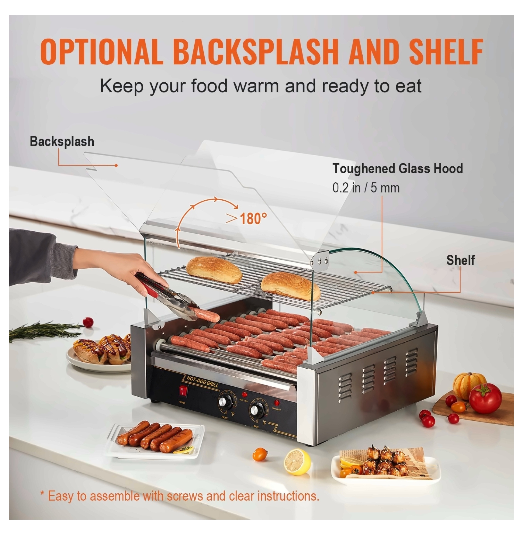 Hot Dog Roller Grill 11 Rollers 30 Capacity, 1650W Stainless Steel Sausage Cooker with Temp Control, Bun Warmer, Drip Tray, ETL Listed