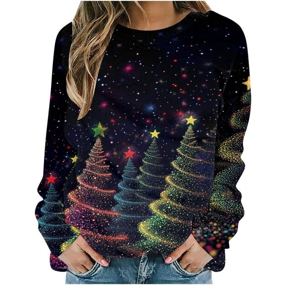 Fall Fashion Must Haves Womens Christmas Tree Print Pullovers Sweatshirts Long Sleeve Round Neck Tops for Holiday My Items