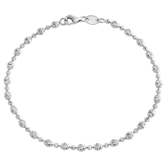 10K White Gold Texture Moon Cut / Candy Bead 3mm Fancy Anklet / Bracelet 10"