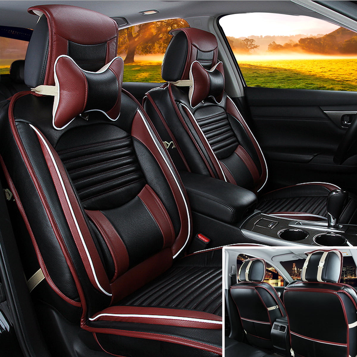 Full Set PU Leather Car 5-seat Front & Rear Leather Seat Cover Protect Black/Red