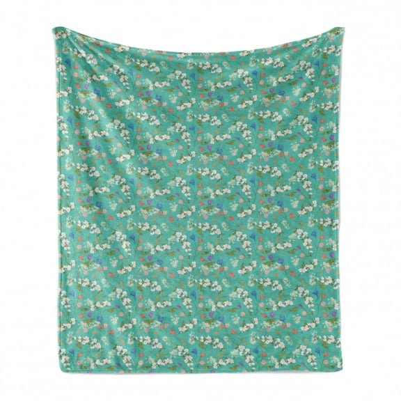 Floral Soft Flannel Fleece Throw Blanket, Arrangement of Budding Spring Season Flowers and Leaves Scattered, Cozy Plush for Indoor and Outdoor Use, 70" x 90", Dark Seafoam Multicolor, by Ambesonne