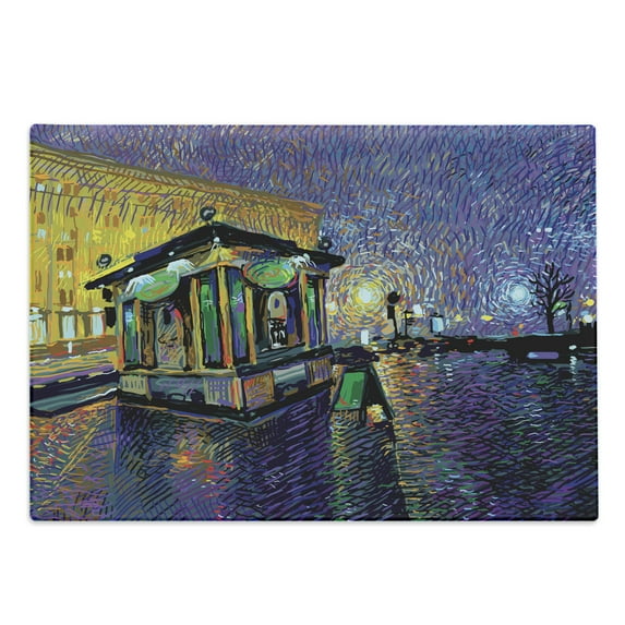 Impressionist Cutting Board, Creative Artwork of Kyiv City Night with Small Store Colorful Graphic, Decorative Tempered Glass Cutting and Serving Board, in 3 Sizes, by Ambesonne