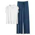 thumbnail image 1 of Women Homewear Solid Color Loose Pajamas Short Sleeve T Shirt Drawstring Wide Leg Pants Sleepwear 2 Piece Set, 1 of 3