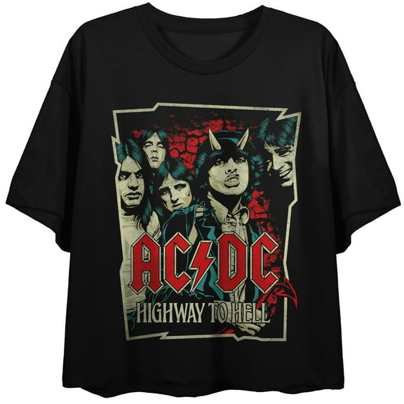 ACDC Group Band Comics Style Frame, Logo, Highway To Hell, on Black Short Sleeve Adult Crop T-Shirt-Small