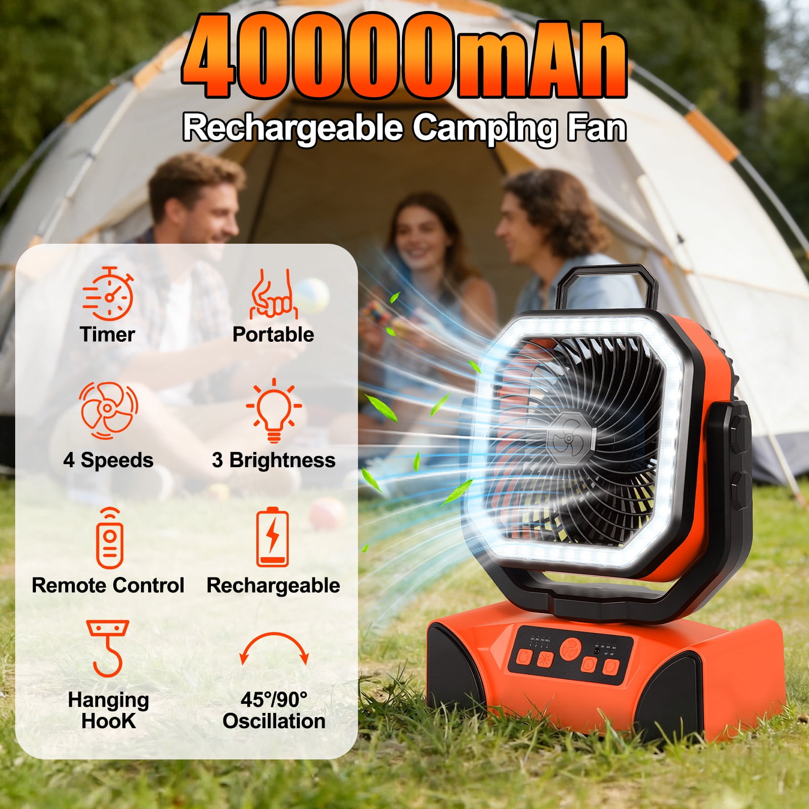 Camping Fan, 40000mAh Rechargeable Portable Fan with LED Lantern,Battery Powered Fan with 270°Head Rotation, 4 Speed Fan for Tents, Picnic, BBQ, Fishing, Outdoor