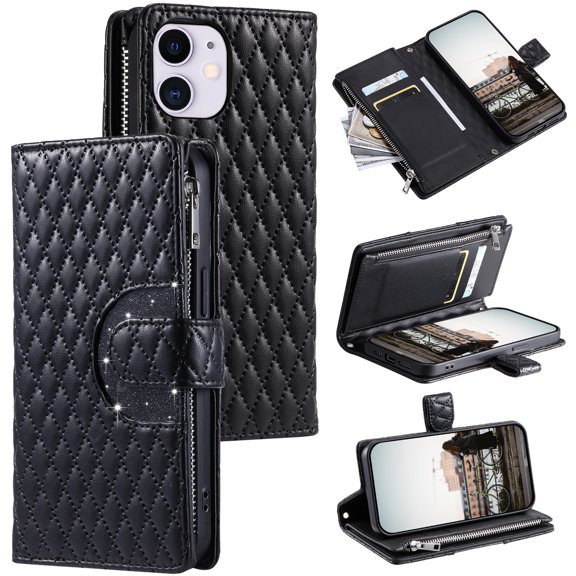 SaniMore for iPhone 11 PU Leather Case, 3D Lattice Pattern for Girls Card Slots Zipper Purse Glitter Magnetic Clasp Flip Kicstand [Hand Rope] Full Protection Shockproof for Apple iPhone 11, Black