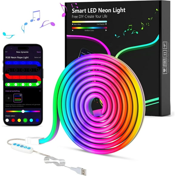 TRAHOO-Led Neon Rope Lights Strip: 3.28ft/1m Smart Flexible Diffused Flow Bendable DIY Led Neon Strip with Control App for Bedroom Gaming Room