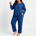 thumbnail image 6 of vdgthytj Plus Size Loungewear Sets for Women Ribbed Long Sleeve Crewneck Tops Straight Leg Pants Fall Sleepwear 2 Piece Outfits(X-Large,Blue), 6 of 9