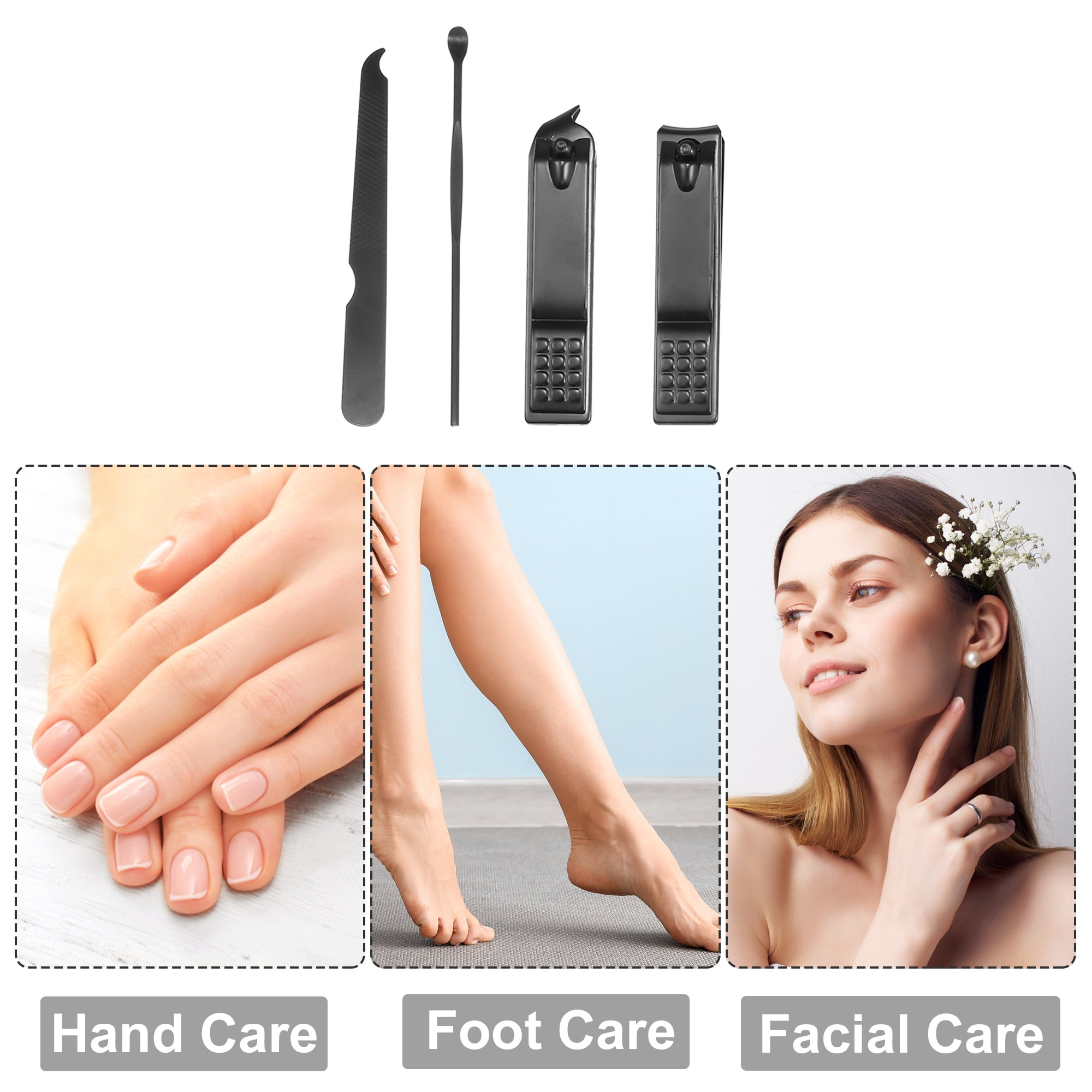 Unique Bargains 4 pcs Manicure Set with Gray PU Case Personal Care Stainless Steel Black
