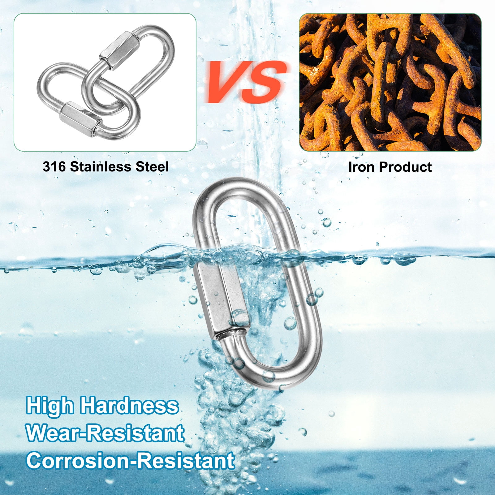4-Pack Quick Chain Link Connector, M8 5/16" 316 Stainless Steel D-Shape Locking Repair Chain Links for Swing/Camping/Hiking/Backpack, Twist Key Ring Screw Chain Link [Silver]
