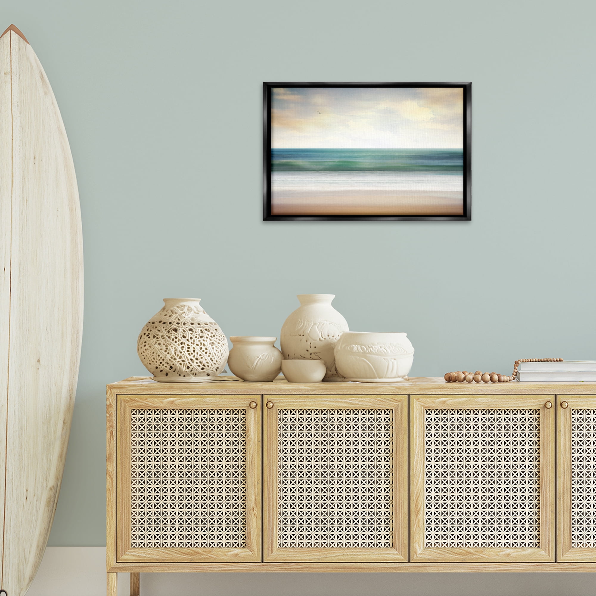 Stupell Industries Lone Seagull Over Beach Landscape Painting Black Floater Framed Canvas Art Print Wall Art, 25 x 17