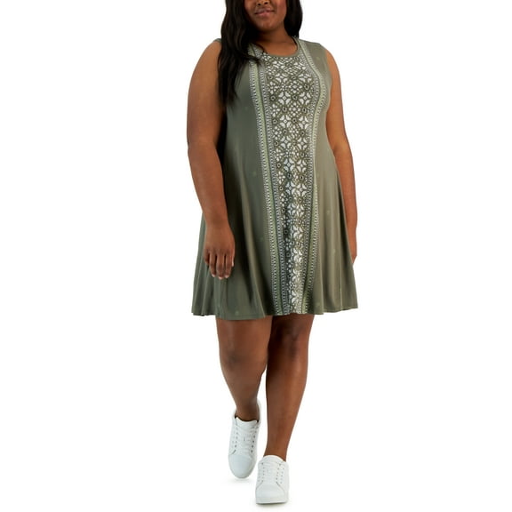 Plus Size Sleeveless Printed Flip Flop Dress Runway Olive 4X