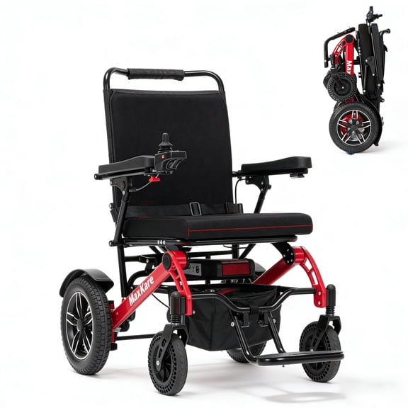 MaxKare Foldable Electric Wheelchair, 5 Speeds, 2 Modes, Dual Motors, for Adults & Senior, Black/Red