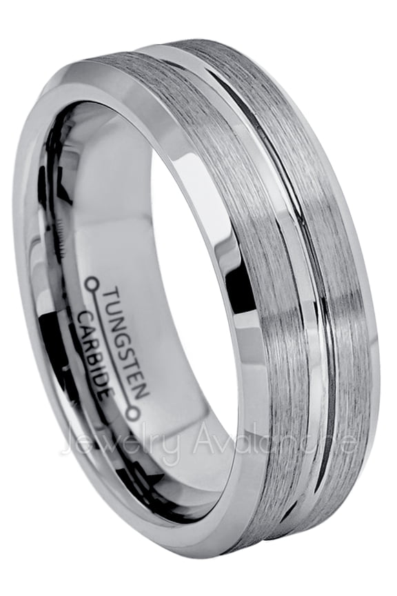 7mm Mens Women Tungsten Wedding Band - Brushed Grooved Center Comfort Fit Beveled Edge Tungsten Carbide Anniversary Ring - TN046s12.5