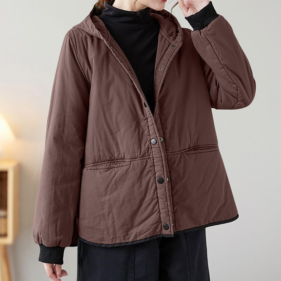 Women's Loose, Comfortable, Casual, Stylish Hooded Solid Color Cotton Jacket Coffee L