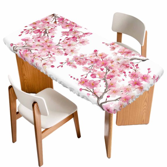 Spring Peach Flowers Table Cloths for 5 Foot Rectangle Tables, Pink Botanical Floral Leaves Branch Patio Waterproof Elastic Fitted Tablecloths, Washable Rectangular Table Cover for Camping