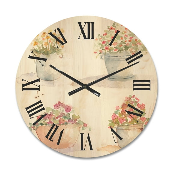 Designart 'Abstract Four Outdoor Flower Pots' Traditional Wood Wall Clock