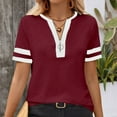 thumbnail image 4 of Fesfesfes Women's Summer T-Shirt Leisure Short Sleeve Contrast Stripe Collar Cuffs V-neck Tops Trendy Breathable Daily Wearing Blouses(Wine,2XL), 4 of 8