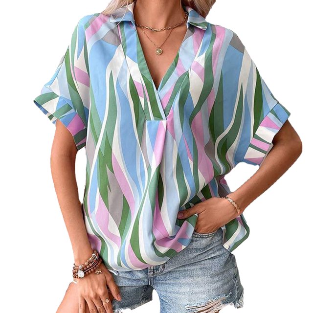 Camisas de manga corta con cuello en V para mujer, camisetas holgadas de manga corta con ala de murciélago y estampado a rayas de Color en contraste a la moda de verano, azul pavo real M