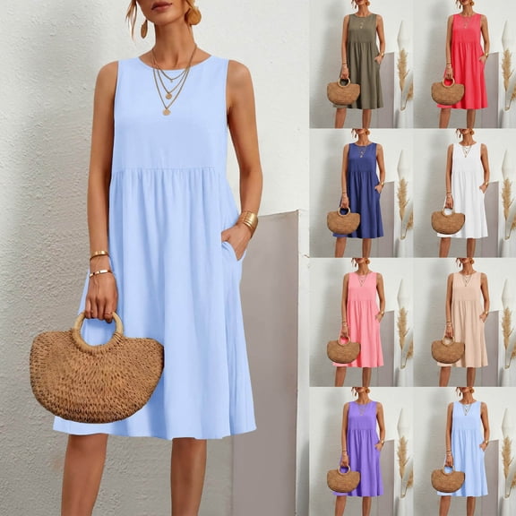 HAOTAGS Women Sleeveless Cotton Linen Dress Round Neck Solid Color with Pockets Summer Casual Loose Fit Dress Light Blue Size 2XL