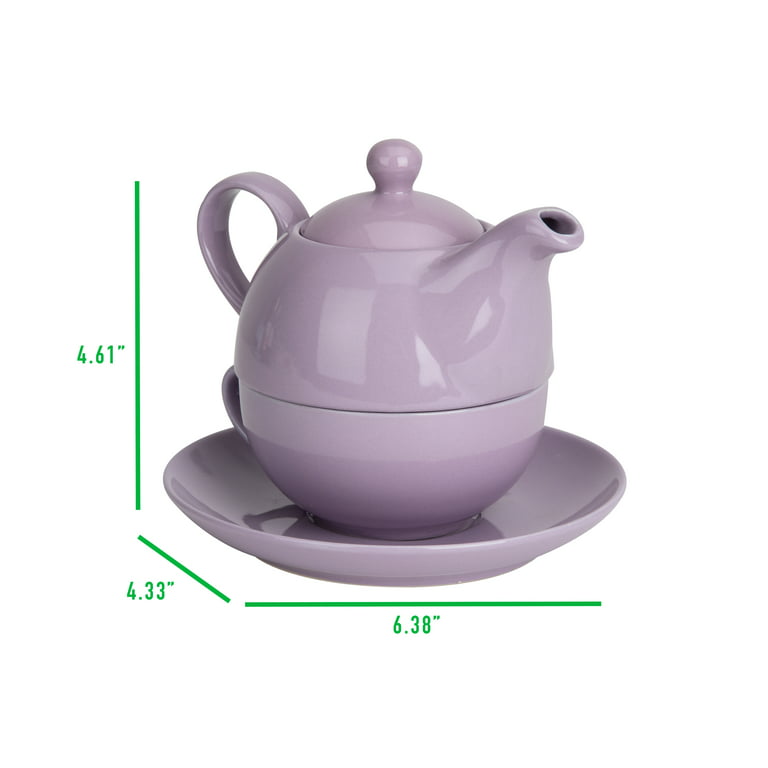 Mind Reader Individual Ceramic Tea Set Teapot and Teacup with Lid and  Saucer,12 oz Pot, 10 oz Mug, Purple