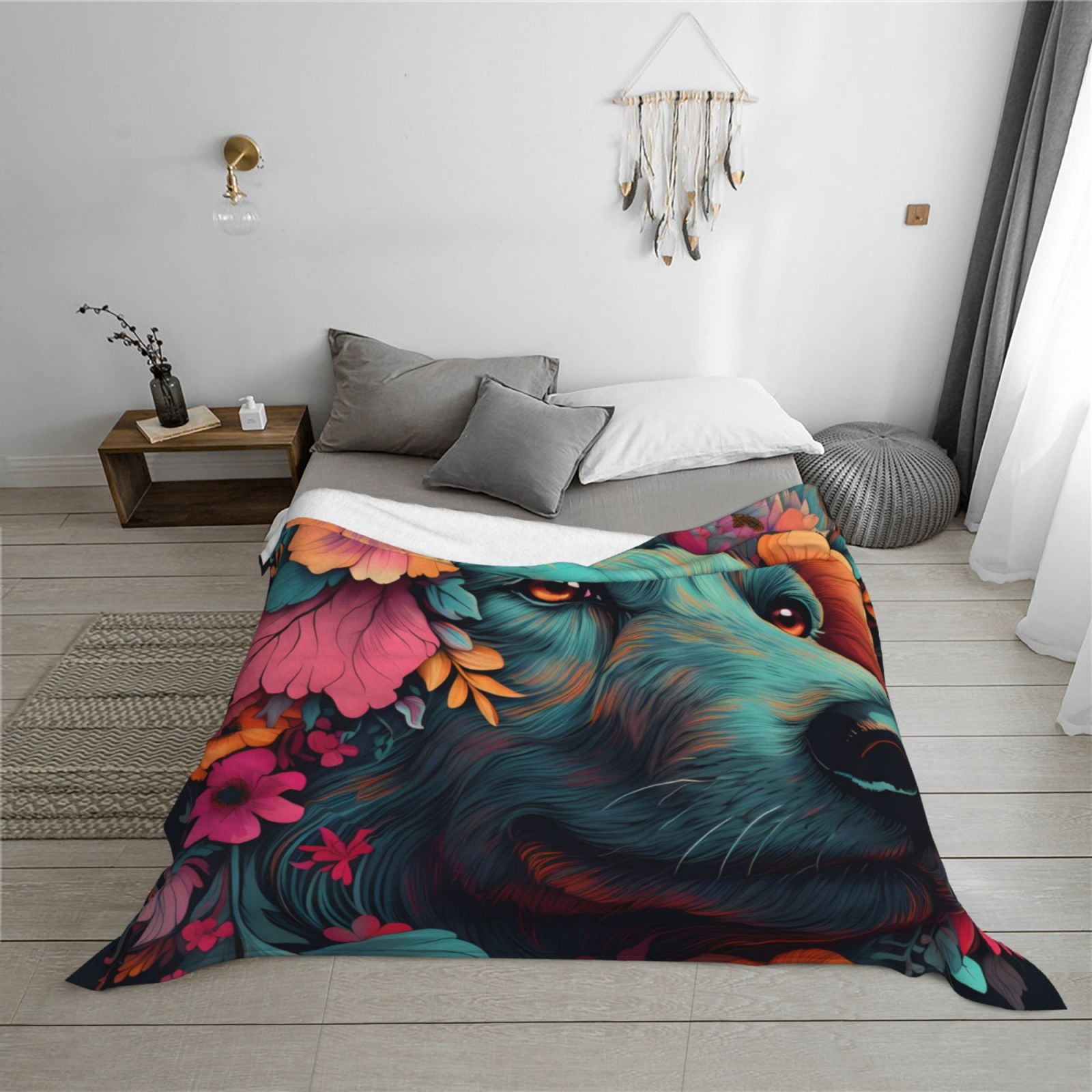 Throw Blanket for Couch - Colorful Flower Dog A Soft Comfy Lightweight Cozy Warm Throw Blanket, Fuzzy Plush Flannel Blanket & Throws for Sofa and Bed All Season