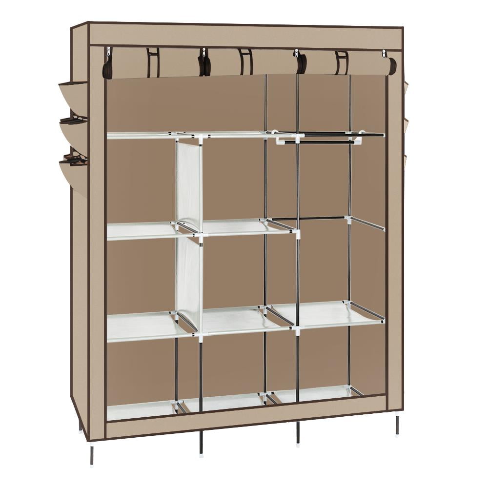 Cloakroom and Dressing Room Portable Wardrobe Fabric Canvas Wardrobe 69 Clothes Storage Organizer with 3 Hanging Rails and 9 Shelves 150 175cm for Bedroom 45 Beige 