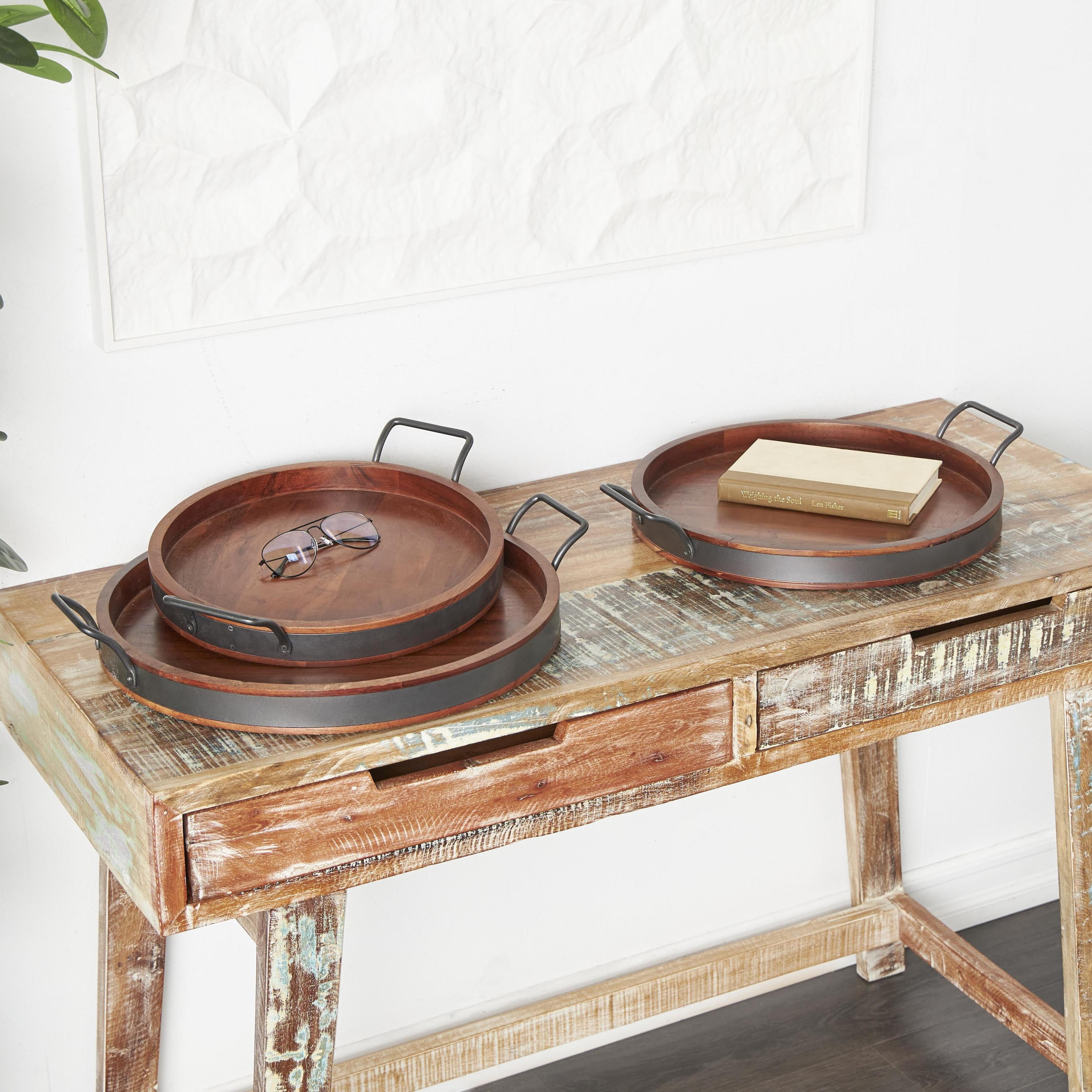 DecMode 22", 19", 18"W Brown Wood Nesting Tray with Black Metal Handles, 3-Pieces