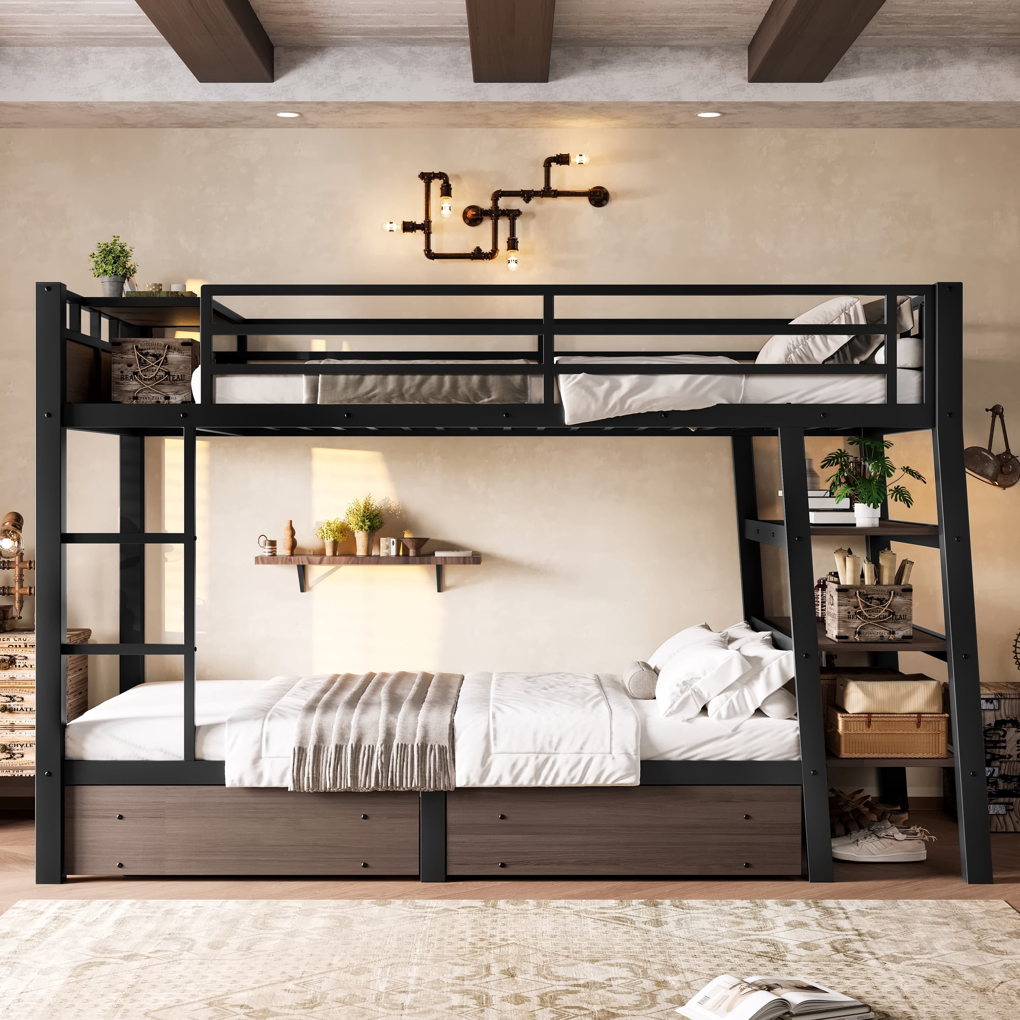 Leumius Twin Size Metal Bunk Bed with 2 Storage Drawer,Heavy Duty Metal Bed Frame with Storage Shelves , LED light Strip and USB Power Strip,Black