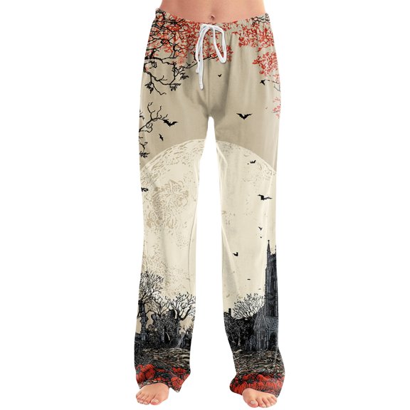 Satingcolo Halloween Pajamas Women Stretch Lounge Pants Comfy Pjs Sleep Bottoms Soft Pajama Pants Cute Trousers Loose Palazzo