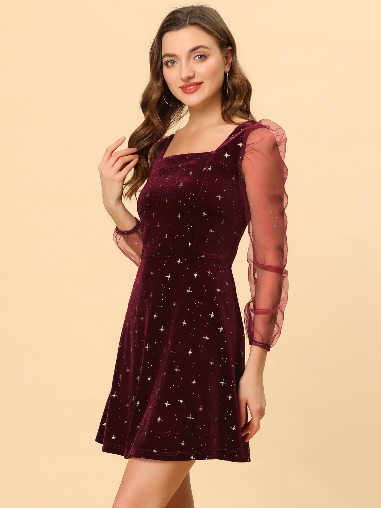 DARING DIVA Square Neck Mesh Sheer Sleeve Glitter Star Velvet Mini Dress M Red