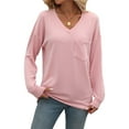 thumbnail image 2 of SHIBEVER Long Sleeve Shirts for Women V Neck Tops Fall Clothes Casual Ribbed Knit Tunic Tops with Pocket Lightweight Pullover Sweatshirts Blouses T-shirts Solid Color Pink, 2 of 6