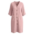 thumbnail image 7 of Zynoxe Womens Cotton Linen Dresses Summer V-neck 3/4 length sleeve Button Down Midi Dresses Lounge Peasant Gauze Business Work Dresses with Pockets Pink XL, 7 of 7