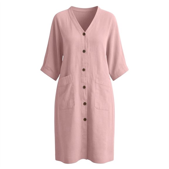 Ohufall Dress Women Cotton Linen Button V Neck 3/4 Sleeve Midi Dress Pocket Pleated Solid Color Fashion Dresses