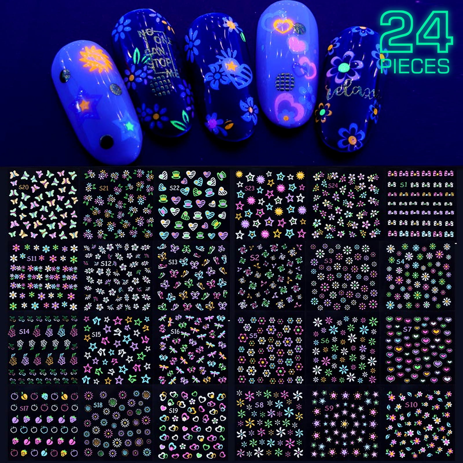 24/48 Sheets SelfAdhesive Luminous Mixed Nail Art Stickers Set