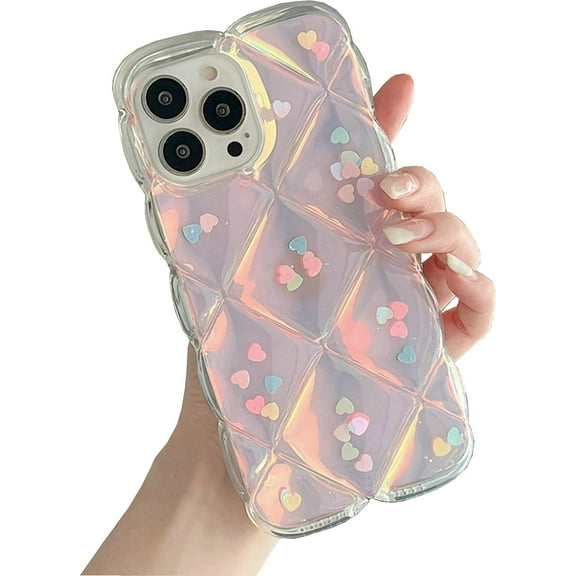 iPhone 14 Love Heart Case, Cute Clear Laser Glitter Silicone 3D Holographic Love Heart Pattern Slim Protective Shockproof Girls Women Case for iPhone 14