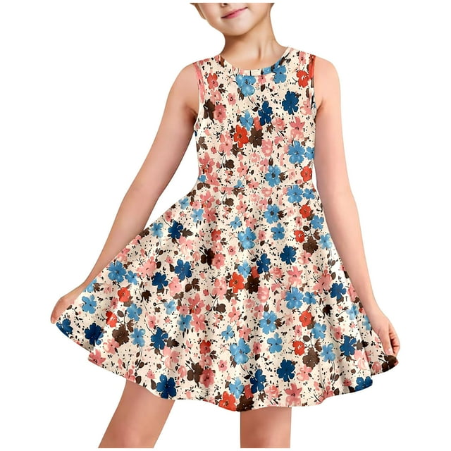 LOVZFMLL Robe d'Été à Manches Courtes pour Filles avec Poches à Volants Col Rond Imprimé Robe Débardeur Douce