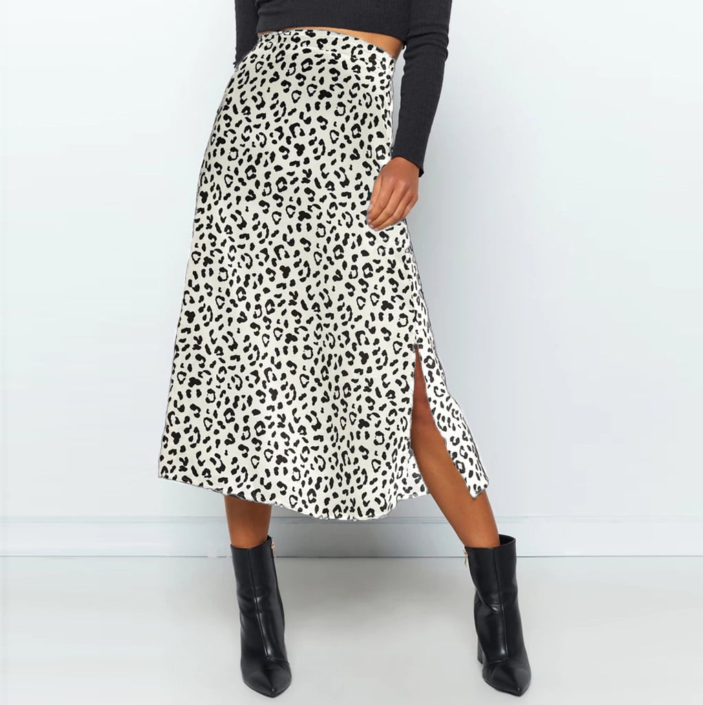 Womens Chic Elastic High Waisted A Line Leopard Print Pleated Shirring Midi-Long Skirt 