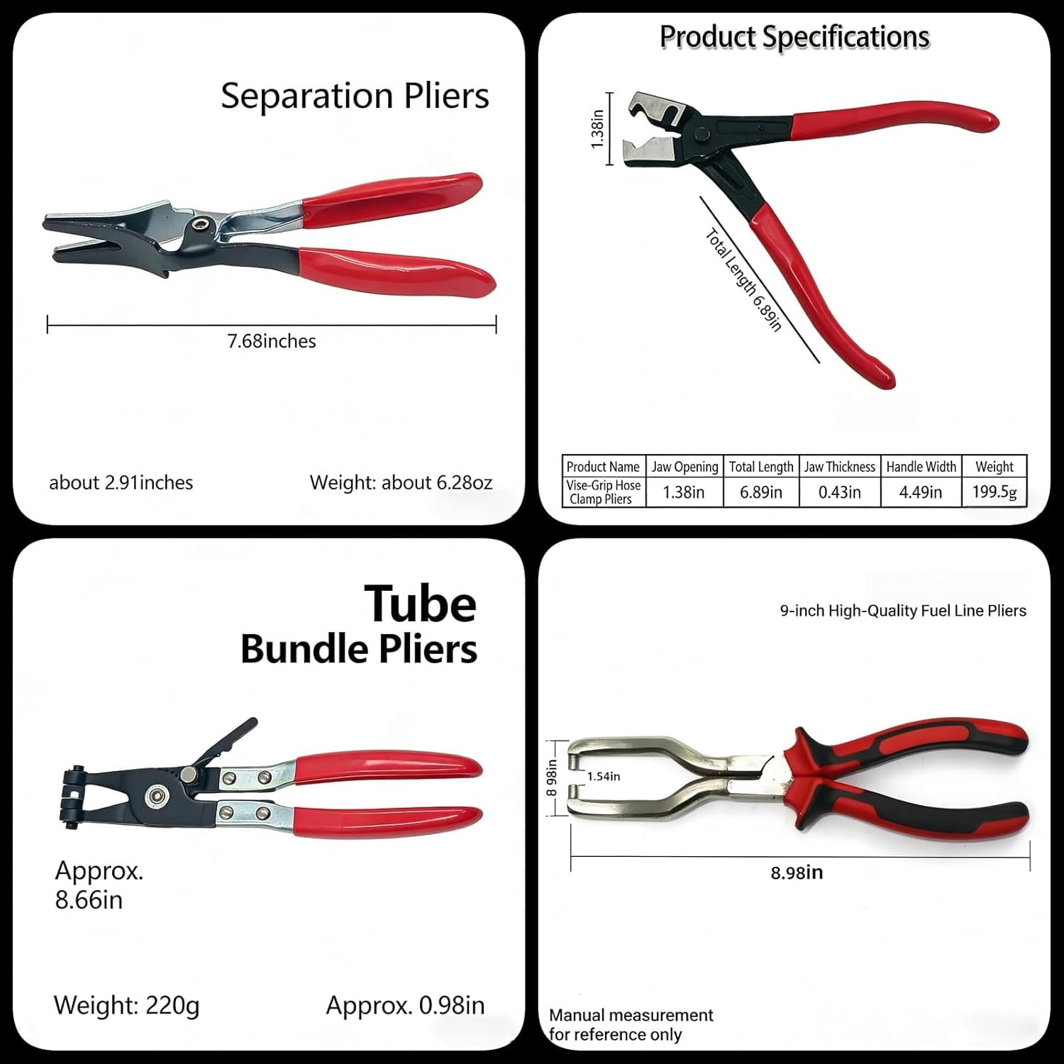 Professional Hose Clamp Kit 4Pcs, Fuel Line Pliers Set, Includes Disconnecting Pliers, Crimping Plier, Cutting Plier, And Wire Strippers for Tackle Wiring, Electrical Repairs, Auto Maintenance