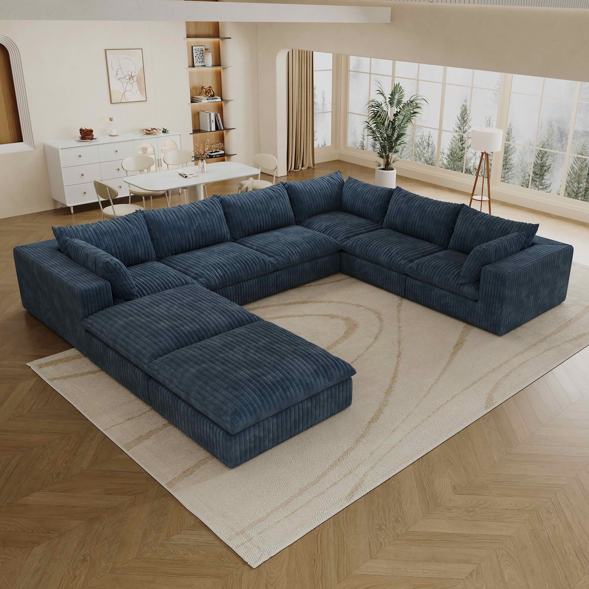 MAYEERTY 157.6" Cloud Corduroy Sofa, Deep Seat Double-Layer Design, Removable Cushion No Assembly, DIY Combination, Blue