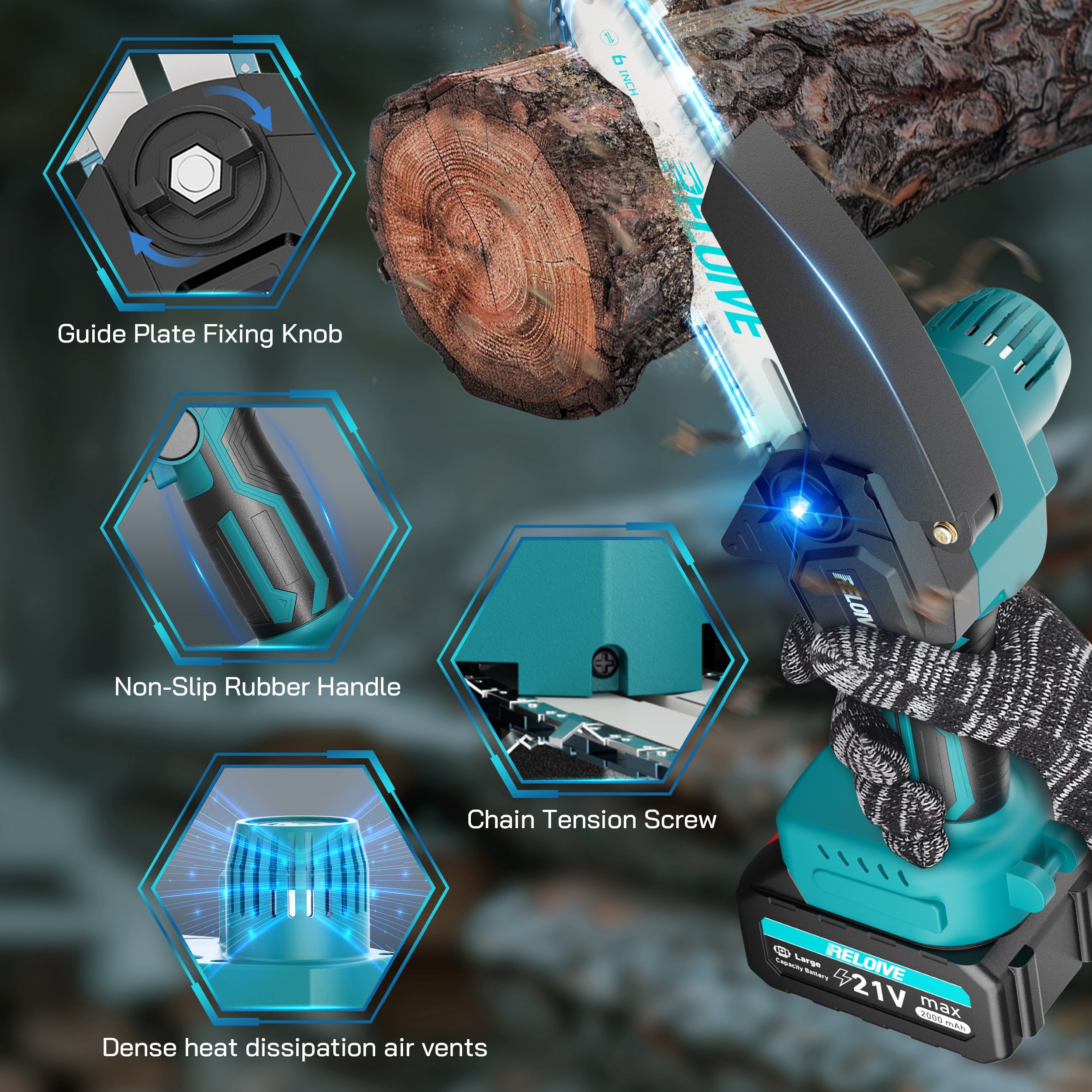 RELOIVE 6 in Mini Chainsaw with 2PCS 2.0 Ah Batteries 3 Chains,Cordless Small Handheld Chain Saw for Wood Cutting Tree Trimming