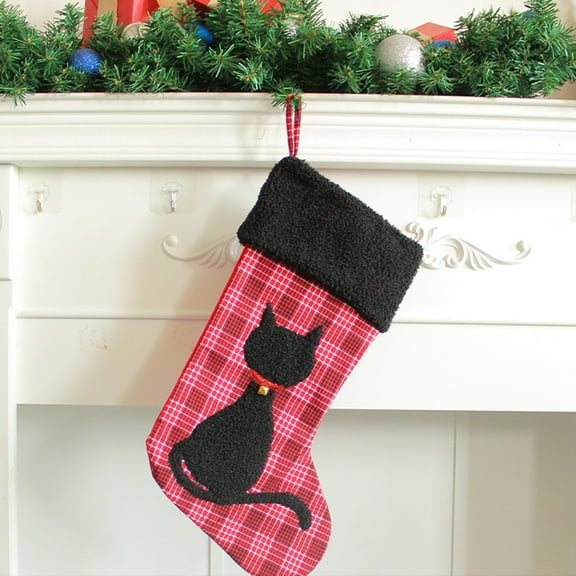 Christmas Cat Stockings, Creative Plaid Black Cat Christmas Stocking Bag, Xmas Tree Hanging Candy Gift Bag for Home Holiday Xmas Party Decorations