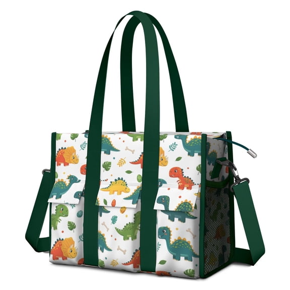 Teacher Tote Bag,Colorful Dinosaur Pattern with Eggs and Bones Teacher Utility Tote Bag,Large Work Tote Bags for Women with Multiple Pockets,Top Zipper Closure,13.8x10.6x6.7 Inch
