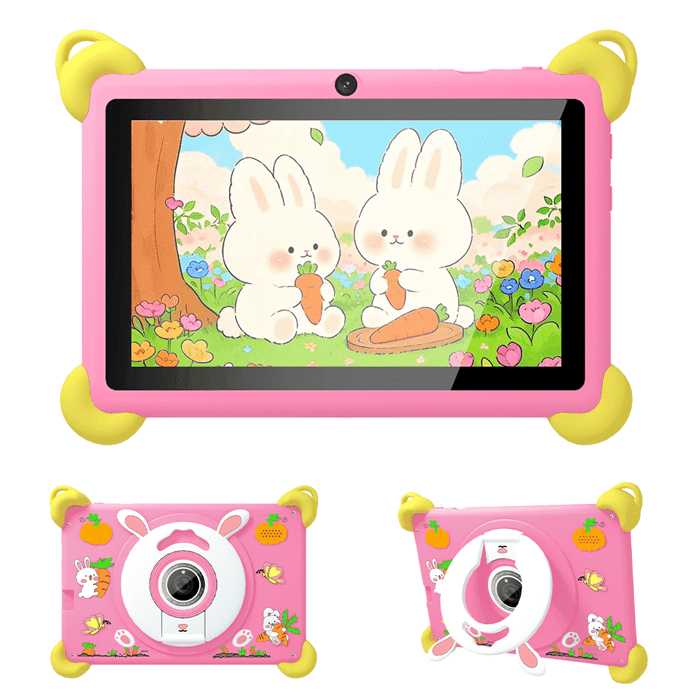 Veidoo 7-inch Android Kids Tablet, 2+32GB, Dual Cameras, Shockproof Case, Rabbit Stand Integrated Design, Detachable Shoulder Strap，Quad-Core Processor, iwawaAPP, Parental Control(Pink)